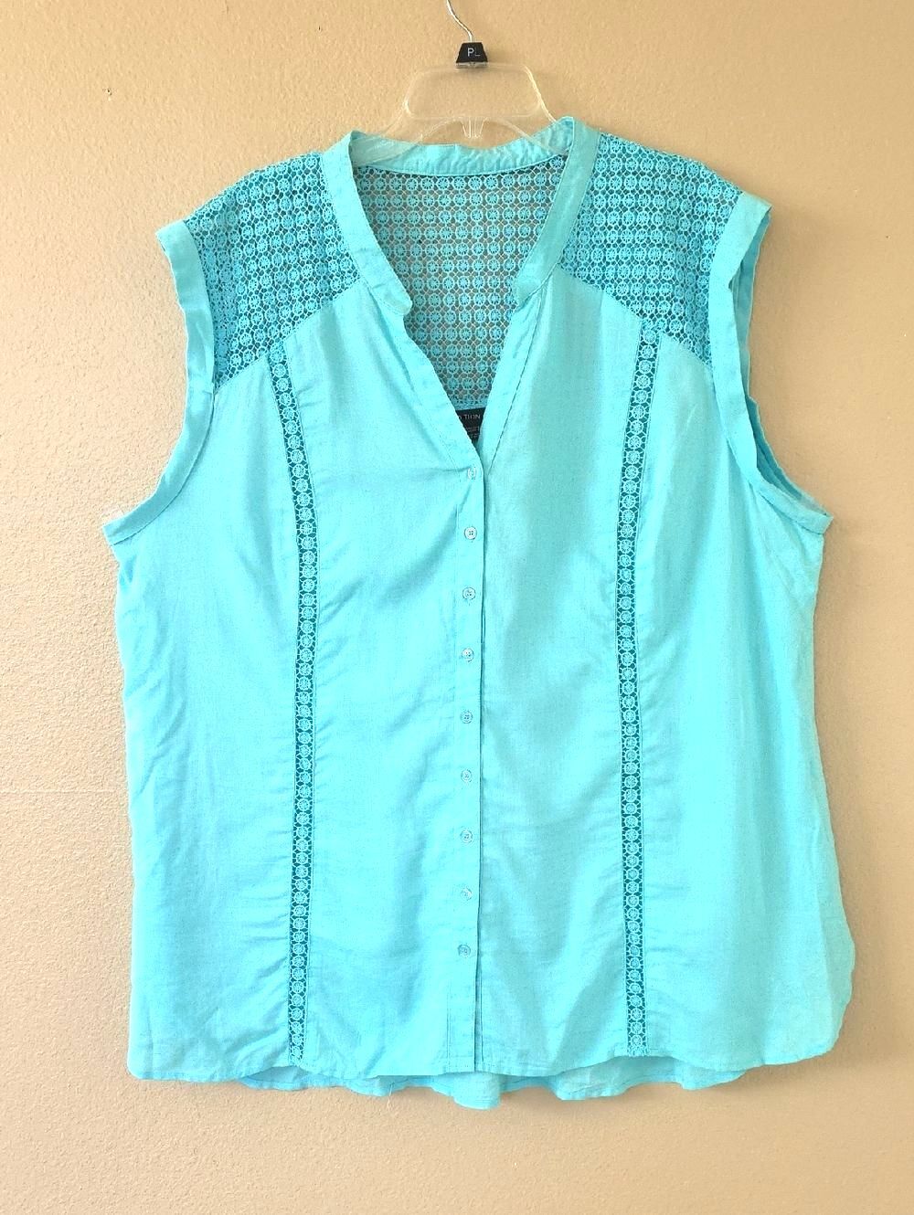Addition Elle Womens Plus Size Linen Blend Turquoise Sleeveless Blouse